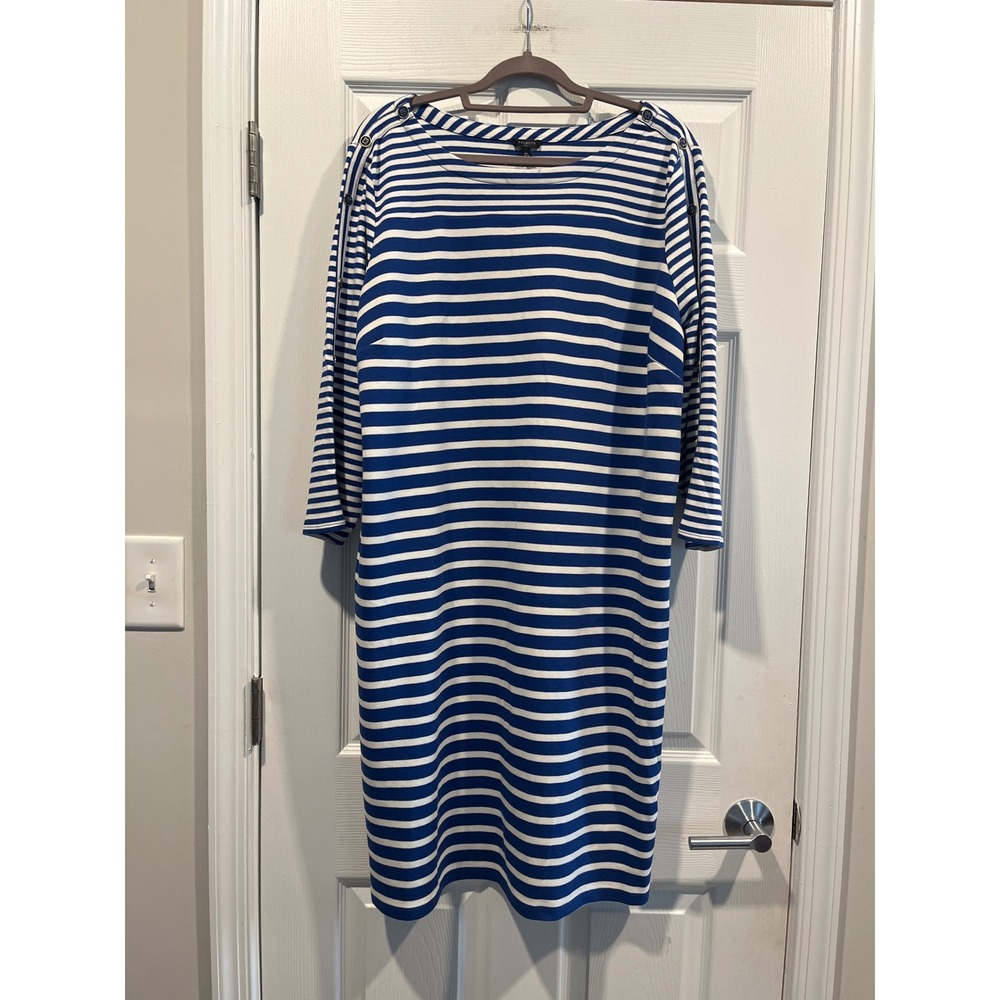 Talbots Plus Blue White Striped Boat Neck Button‎ Shoulder Sheath Dress 2X